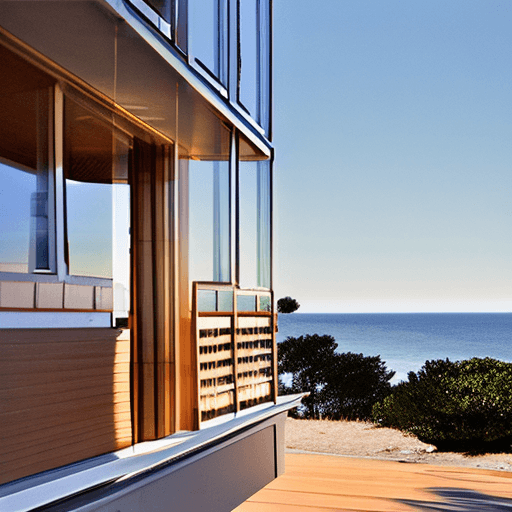 AI generated: Hyper realistic eye level exterior photo of a mid century modern style house overlooking the ocean, ...