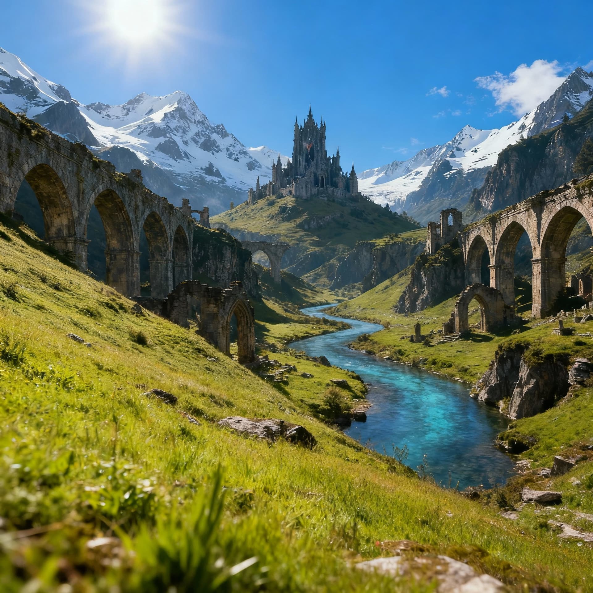 AI generated: Wide side view near the mountain slope, camera at ground level, showing ruins and river curving towa...