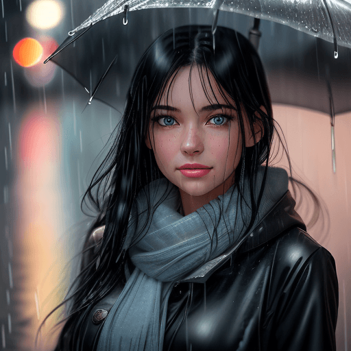 AI generated: generate a photorealistic close-up portrait of a beautiful girl standing in the rain on a street wit...