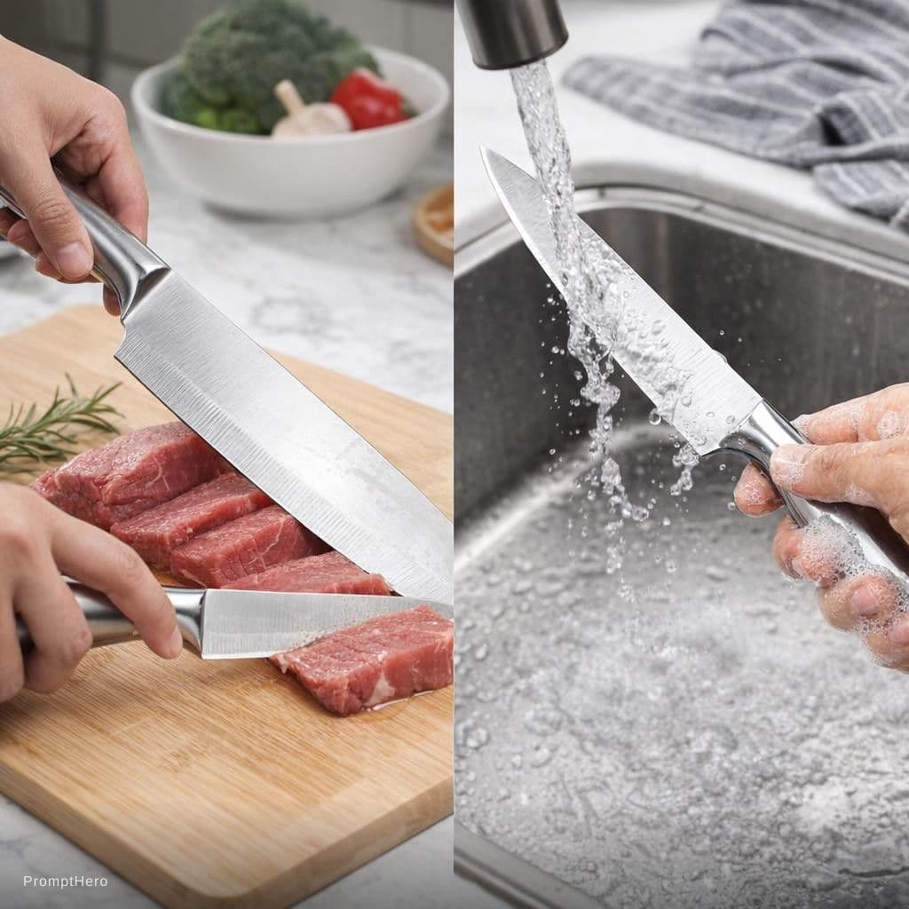 AI generated: Generate the usage scenarios for these two knives. The background is in the kitchen. The knives can ...