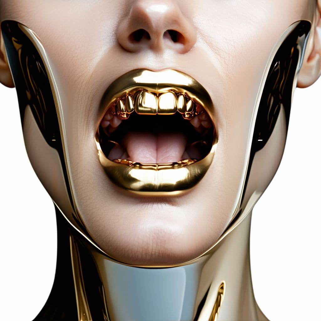 AI generated: a woman with a large jaw and gold teeth, in the style of futuristic minimalism, restrained forms, da...