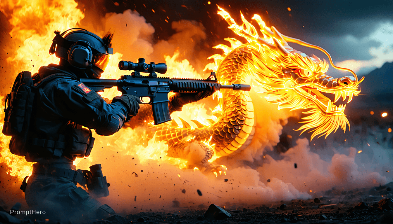 AI generated: ultra detailed esports banner, PUBG style warrior holding a mythical golden dragon M416 engulfed in ...