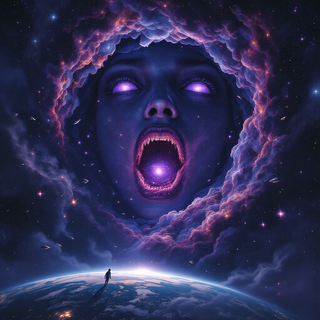 AI generated: enormous giantess eleven from stranger things
bigger than a galaxy  floating in space, minuscule gal...