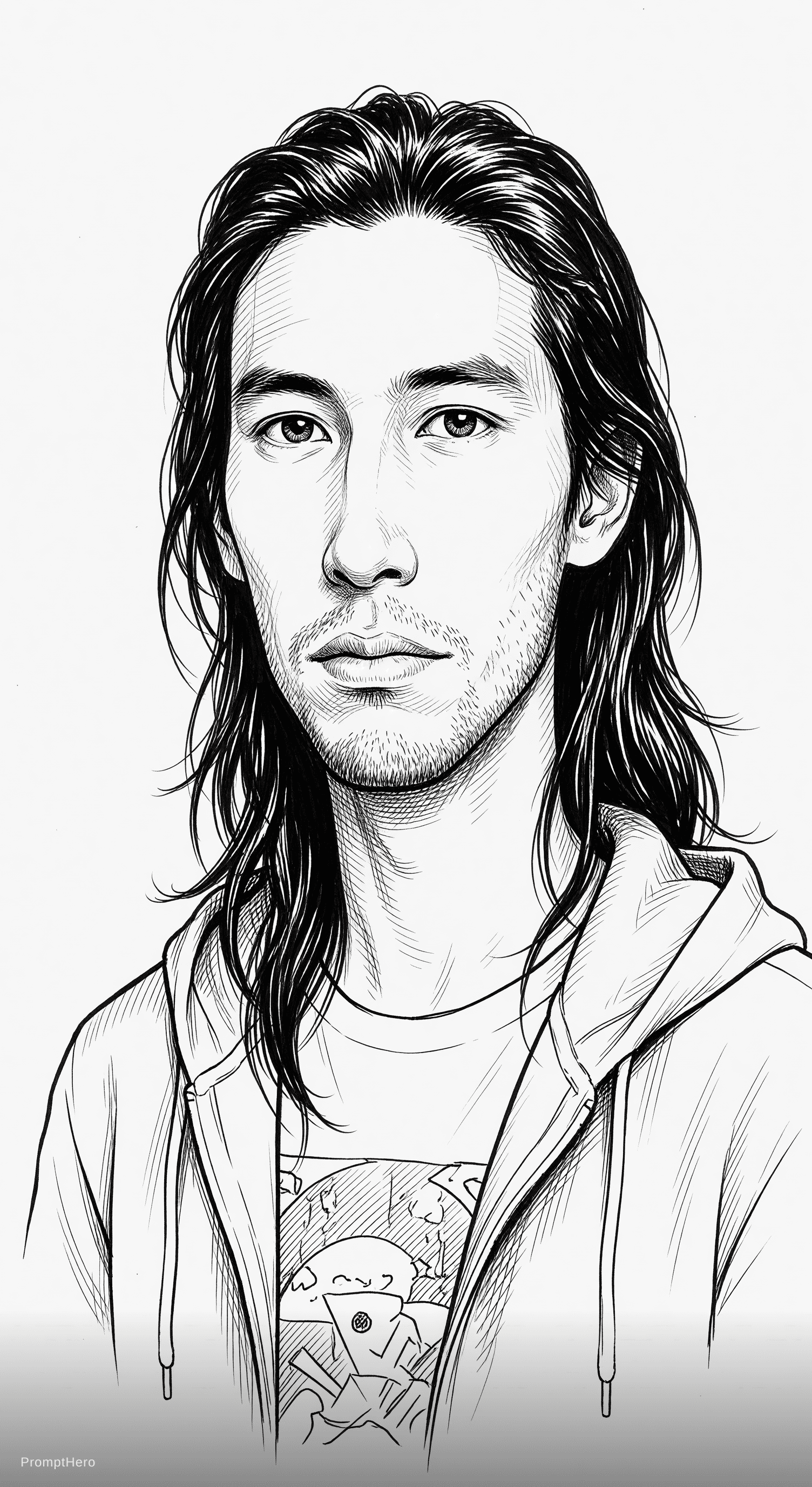 AI generated: young man with long face, with clean shaven short beard, with dark hair, without hat, without glasse...