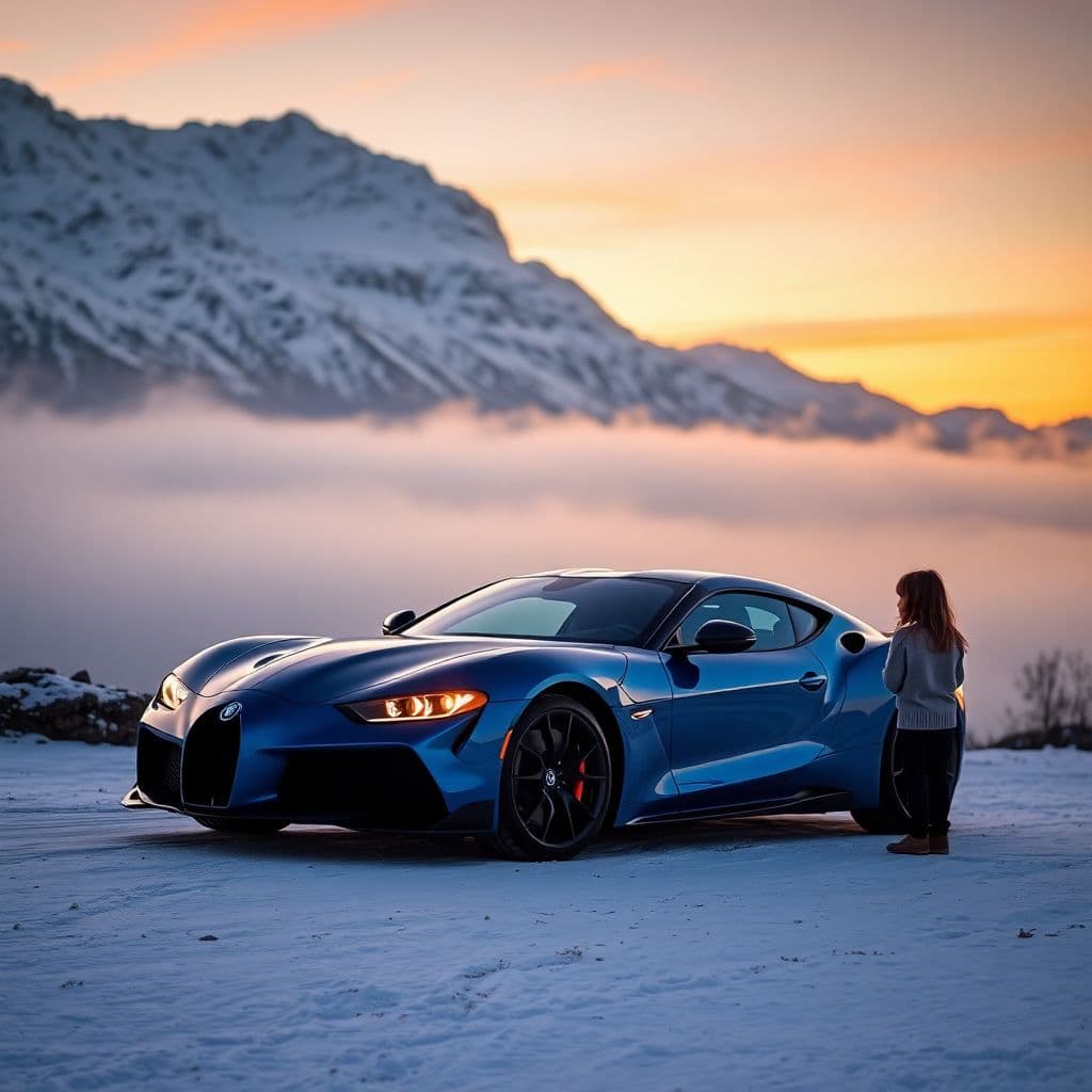 AI generated: blue lamborgini car,snow,mountain aera,fog,sunset,girl standing outside, natural beauty.