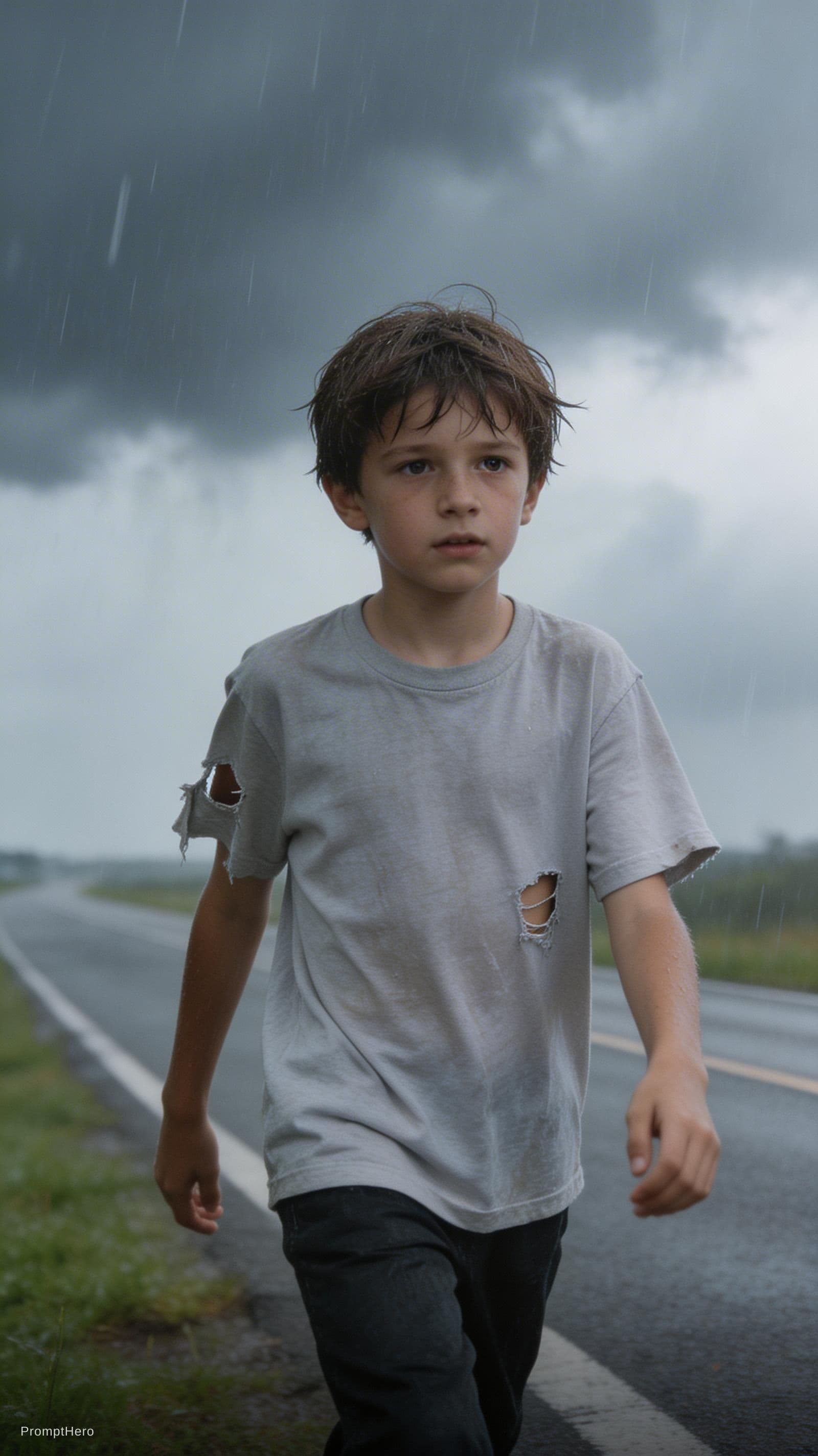 AI generated: A 10-year-old boy, wearing a torn T-shirt, is walking forward along the side of the road. It is rain...