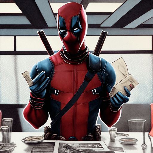AI generated: portrait512 Deadpool from Marvel in a mask reading (newspaper:0.8) in a diner, a still from the cine...