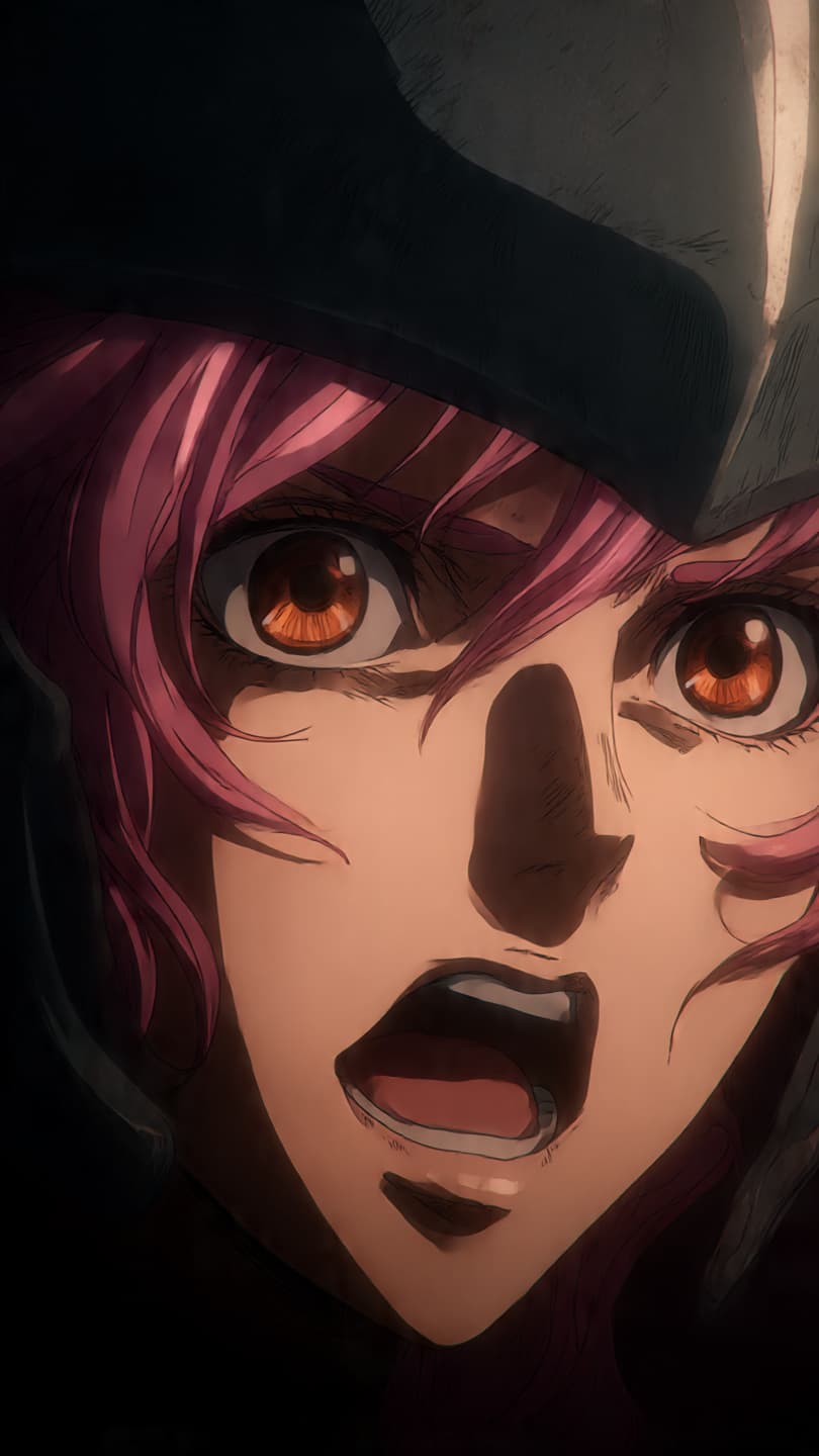 AI generated: In a dramatic anime setting, a close-up portrait features a character with striking plum-colored hai...