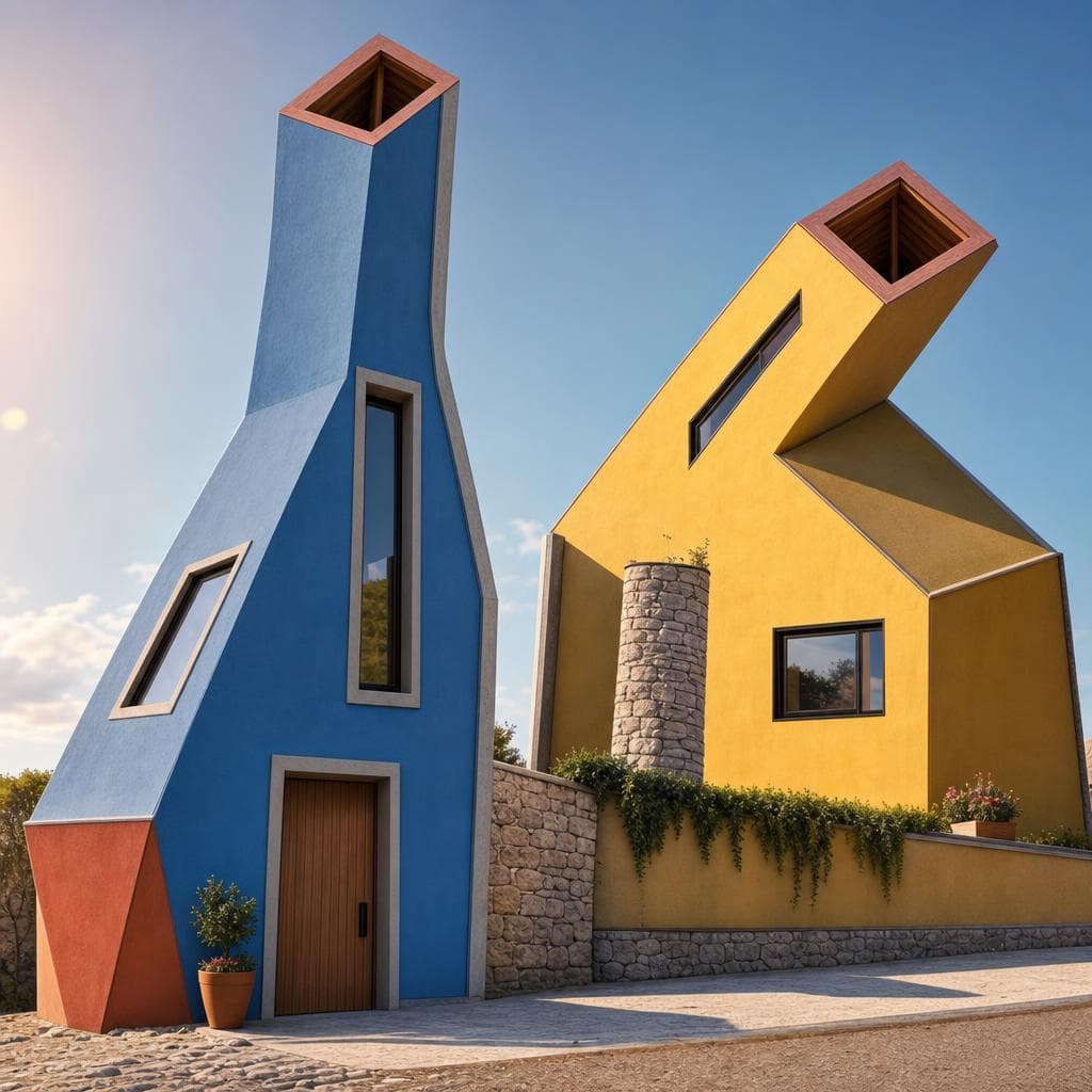 AI generated: Make theses sketch buildings look like  colourfull modern units in a small village of similar forms....