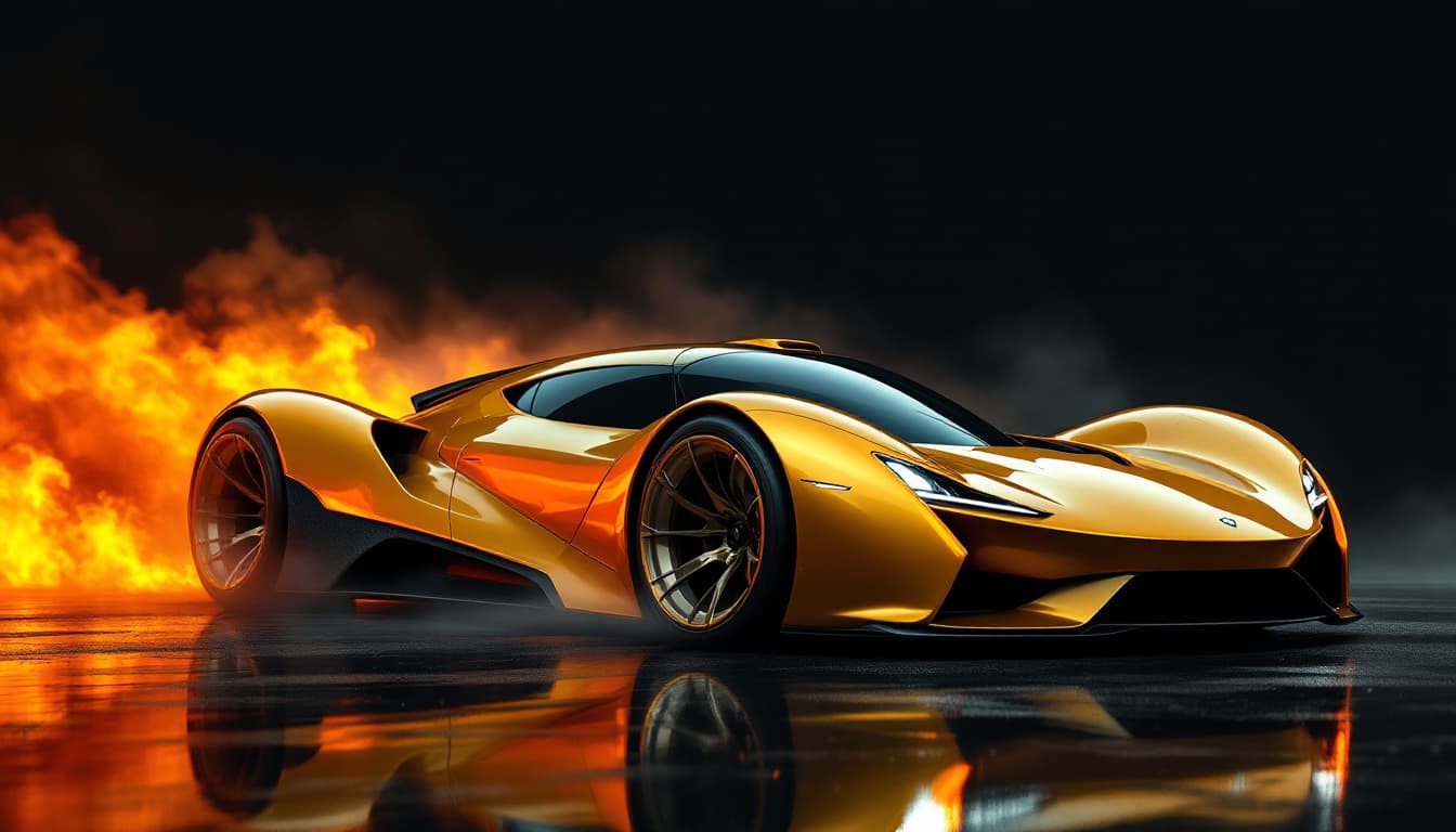 AI generated: Image is a high-resolution, dramatic photograph featuring a sleek, modern sports car with a low, aer...