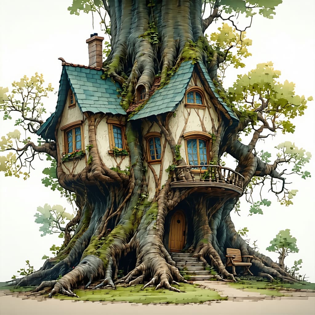 AI generated: A house built around a tree in the style of Arthur Rackham and Anton Pieck