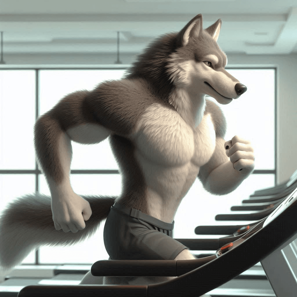 AI generated: 3D animation of a long-furred wolf man jogging on a treadmill with a thoughtful expression, his face...