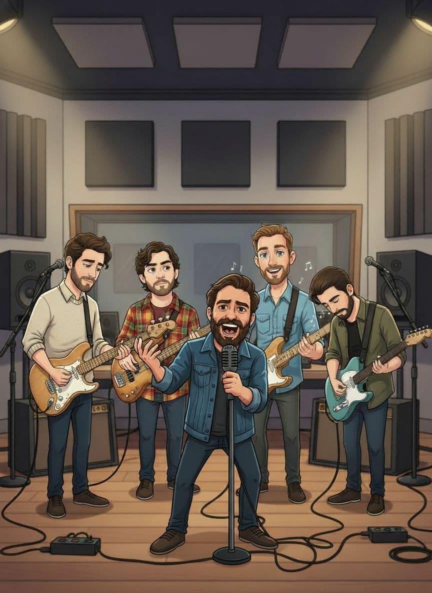 AI generated: "Add the new character from the input image to the existing group illustration as the LEAD SINGER.
...