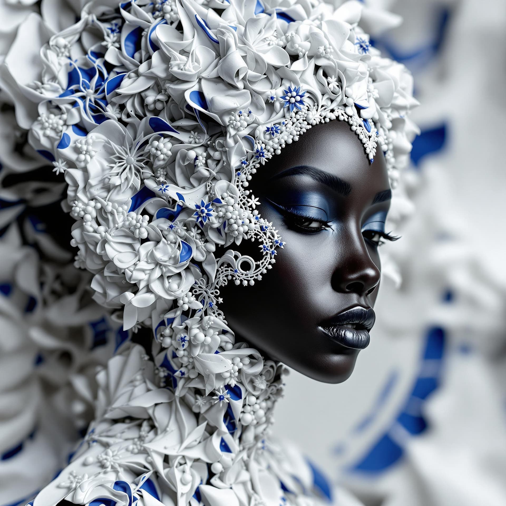 AI generated: a black woman made out of black porcelain, in the style of balanced symmetry, white and blue, detail...