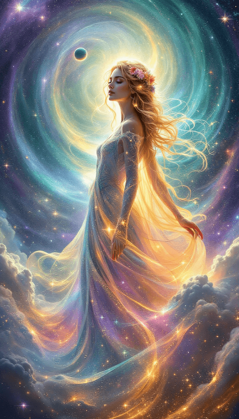 AI generated: A breathtaking celestial goddess standing amidst a swirling cosmic nebula.