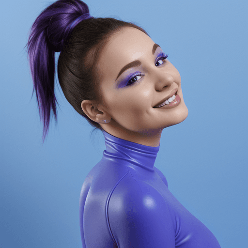 AI generated: advertising photo of a girl where she puts on silicone veneers from behind blue and purple backgroun...