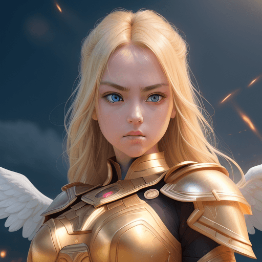 AI generated: angelic warrior perfect girl, golden eyes, blonde hair, perfect symmetric face, big kind eyes , look...