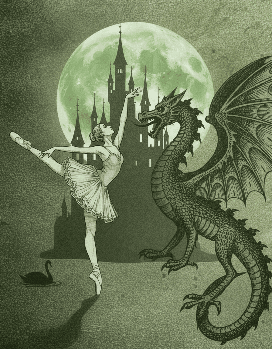 AI generated: make the dragon much bigger, ballerina with details, make it all in green palette