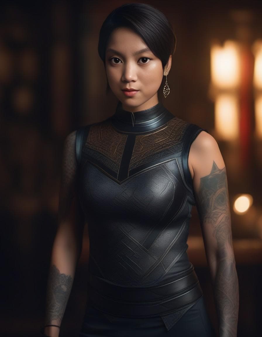 AI generated: female dressed as BLACK PANTHER, tattoos, (full body visible), looking at viewer, portrait, photogra...