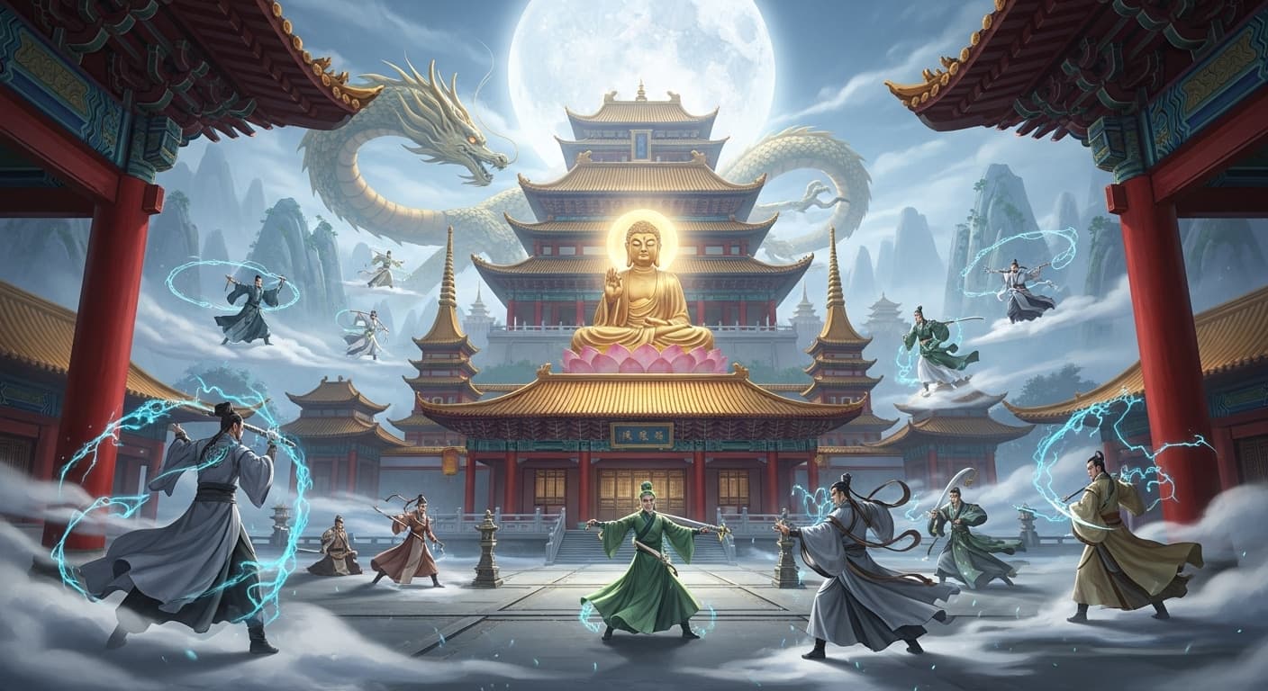 AI generated: Chinese palace, gold buddha statue, long dragon, immortals training with swords, magical, mystical a...