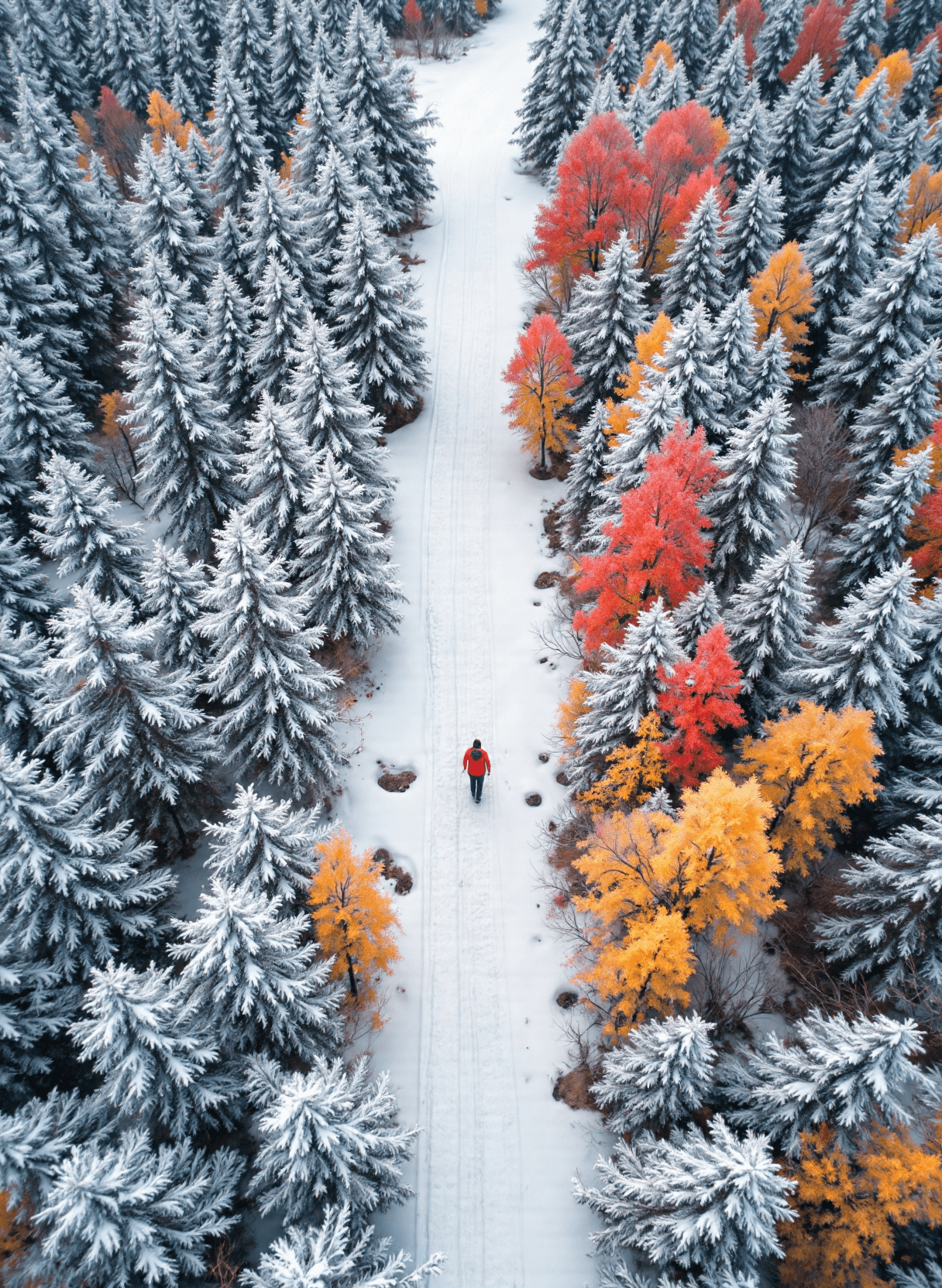 AI generated: The image is an aerial view of a snowy forest landscape. It features a narrow path that runs vertica...
