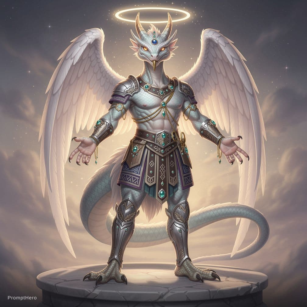 AI generated: A majestic and powerful humanoid mythical creature with a dragon head,featuring smooth,elegant scale...