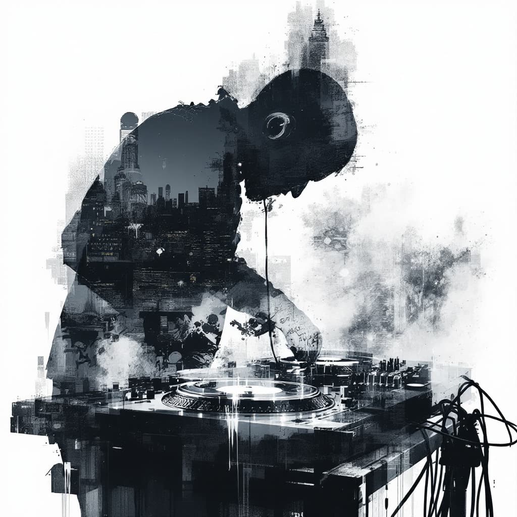 AI generated: **Double exposure turntables played by the silhouette of a man, DJ'ing & Graffiti: dark & gritty, wh...