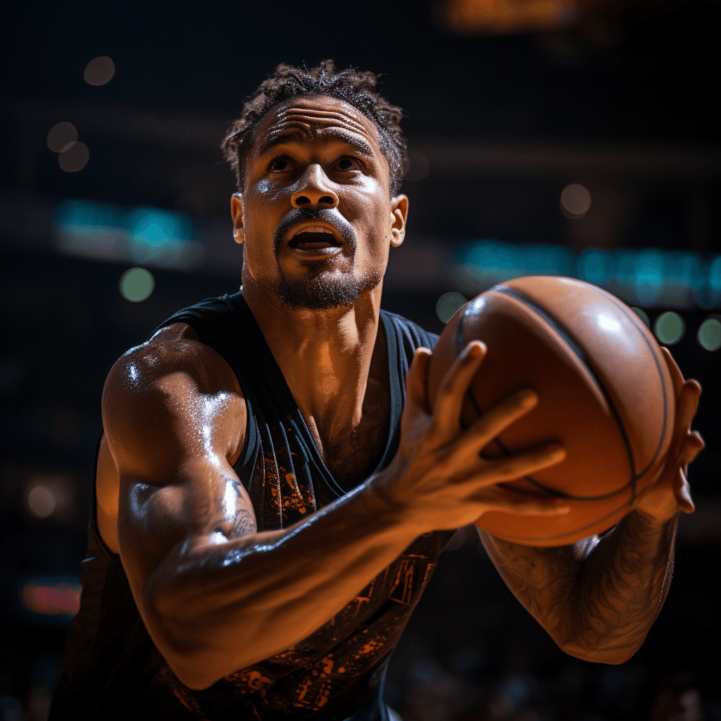 AI generated: In the dimly lit stadium, capture a hyper realistic basketball highlight featuring an explosive slam...