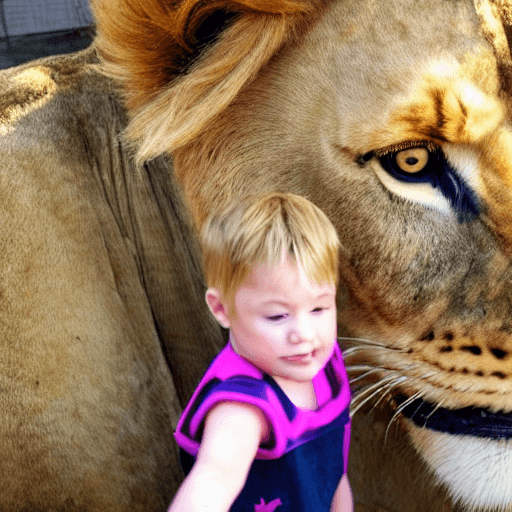 AI generated: A toddler standing next to a lion