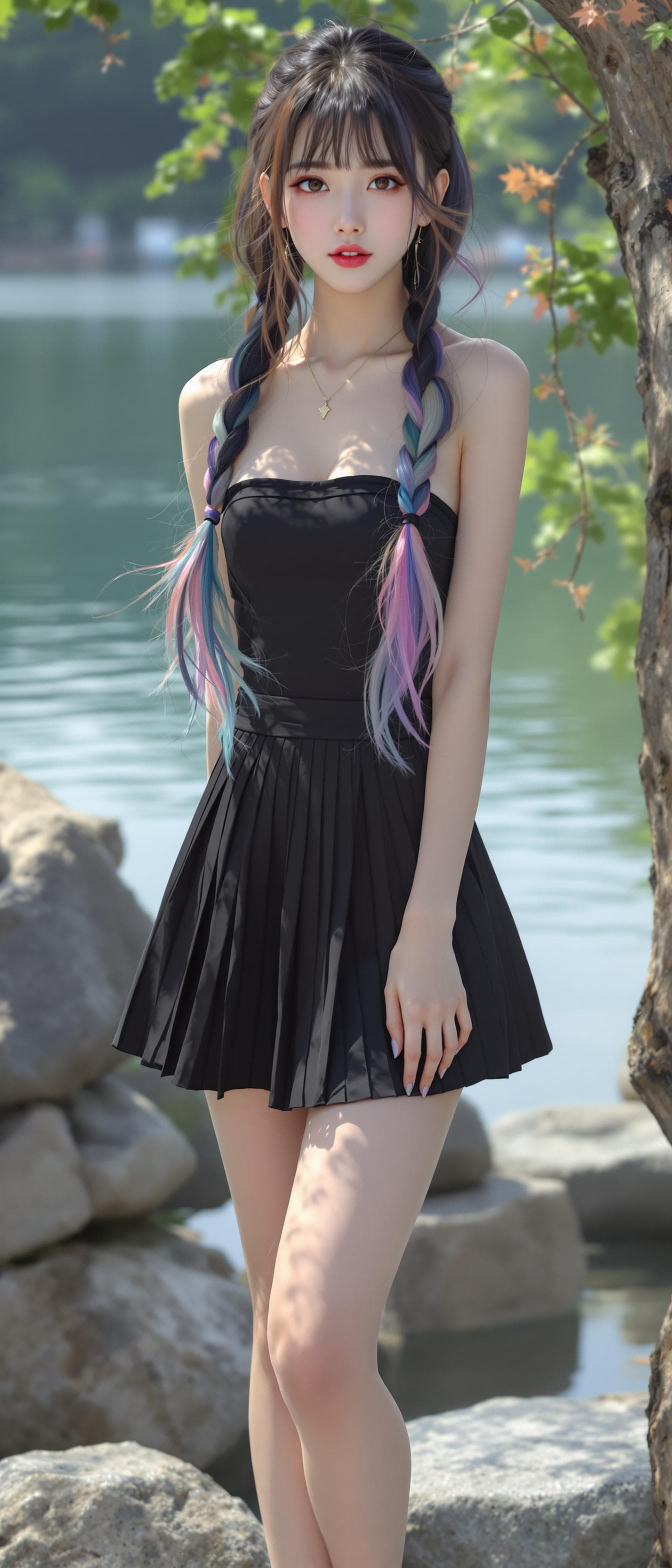 AI generated: hyperrealistic, korean girl, korean ulzzang face, a girl, beautiful, wearing a black strapless, plea...