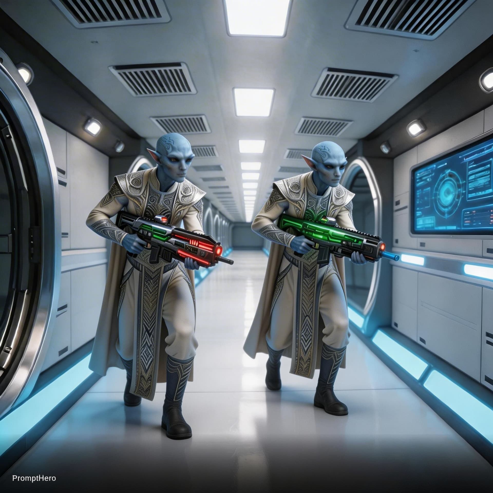AI generated: Sci-Fi Scene. Show the character walking cautiously in the hallway, Not sneeky.  Unreal Engine 5 Ult...