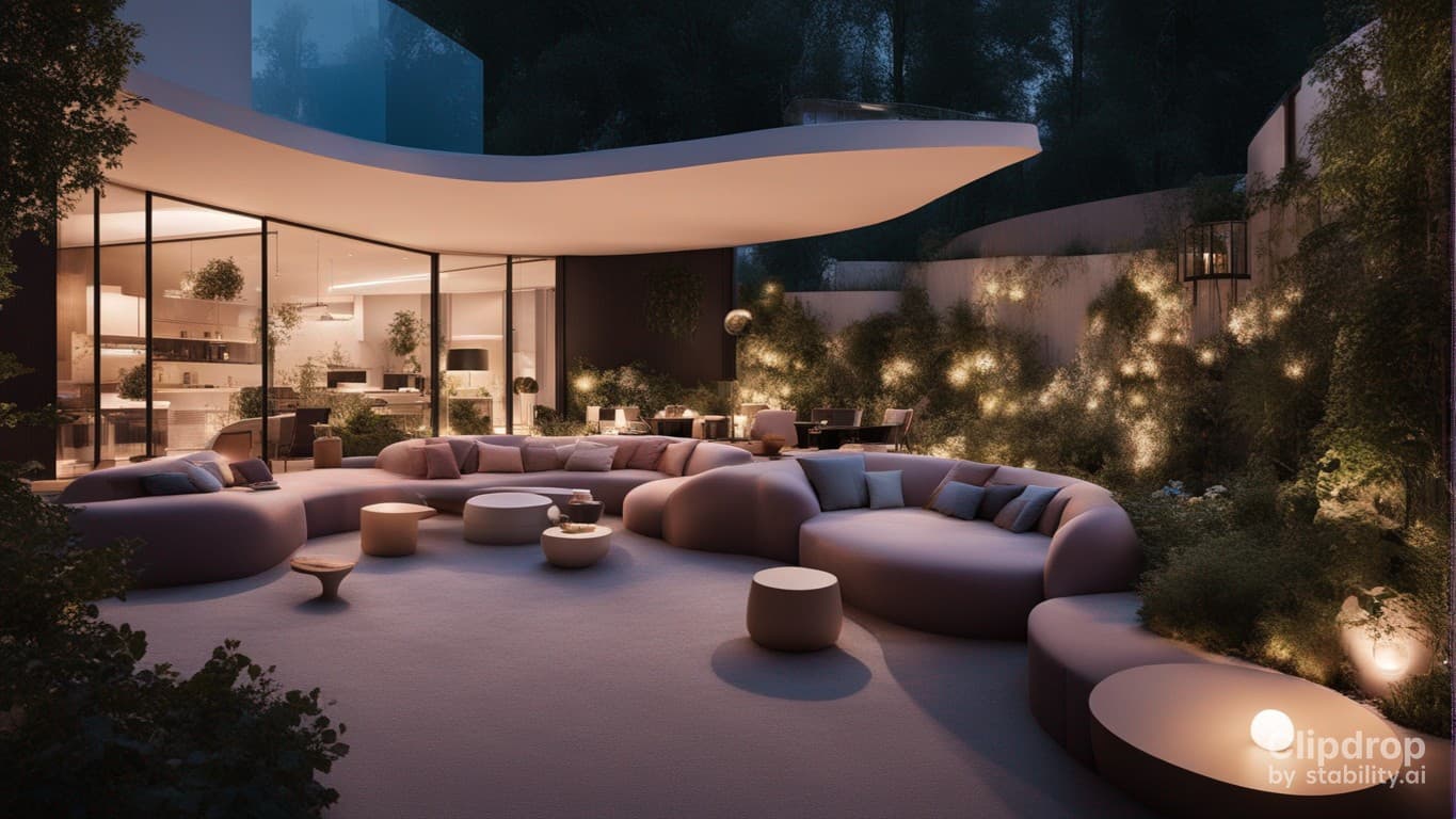 AI generated: high resolution photography landscape design, absolutely open space snack-bar and blended with the g...