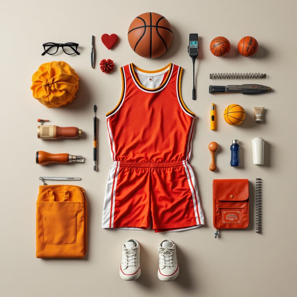 AI generated: a flat lay photography of vintage basketball outfit knolling :: Wes Anderson color palette, studio l...