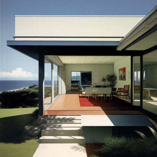 AI generated: Hyper realistic eye level exterior photo of a mid century modern style house overlooking the ocean, ...