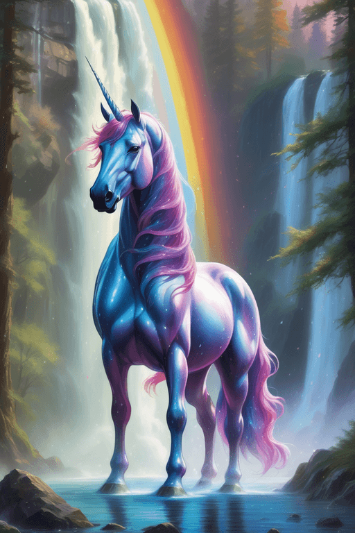 AI generated: A majestic unicorn stands proud in the foreground near a sparkling waterfall, rainbow hues dancing i...