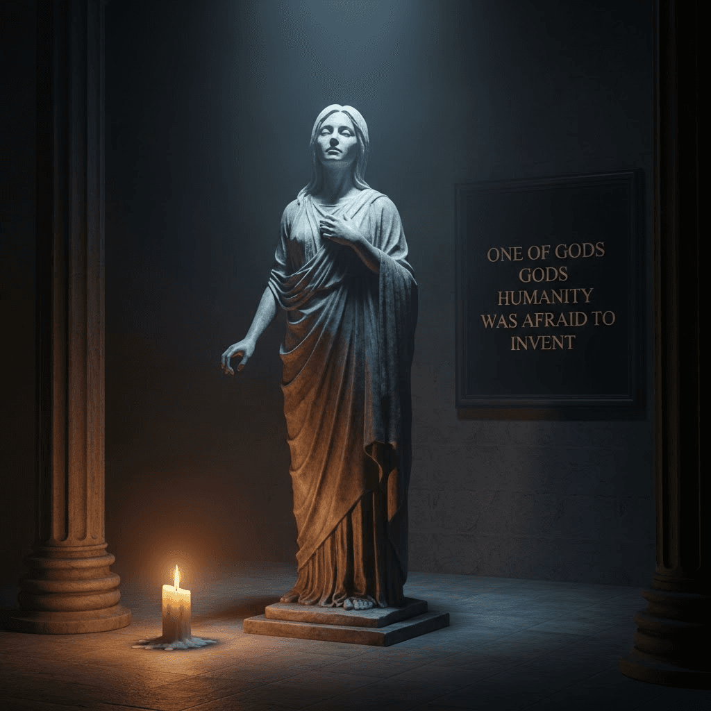 AI generated: A quiet chamber, candlelit and serene. You see a statue of yourself carved in impossible materials —...