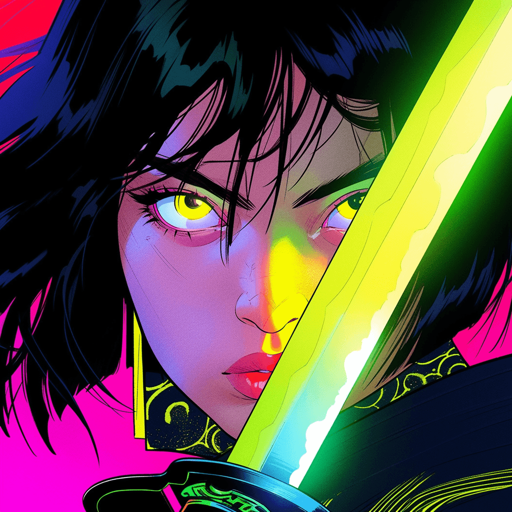 AI generated: The Cultural Revolution meets pop art, close up shot of a yellow eyes and black hair, holding a kata...