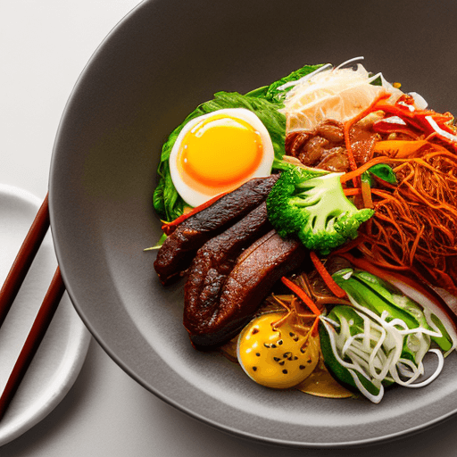 AI generated: Food photography, bibimbap, top view,in a luxurious Michelin kitchen style, studio lighting, depth o...