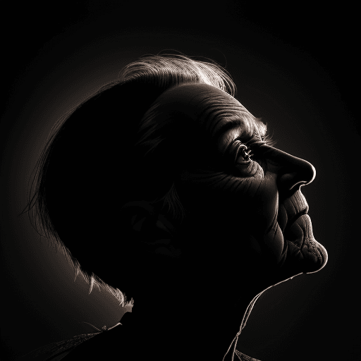 AI generated: photorealistic, dark silhouette of an old manwoman, with short hair, athletic build, looking up, sho...
