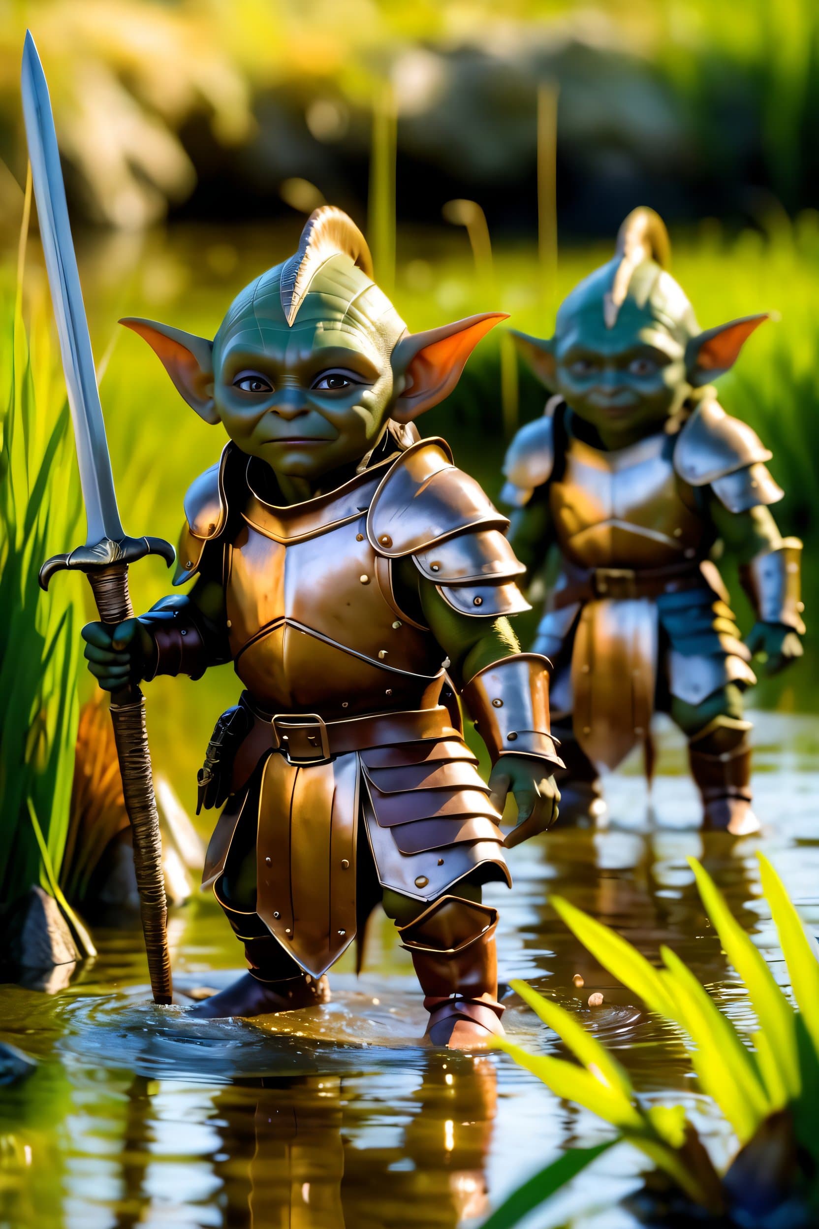 AI generated: telephoto splash art of a group of small goblins wearing leather armor, holding rusty swords, hiding...