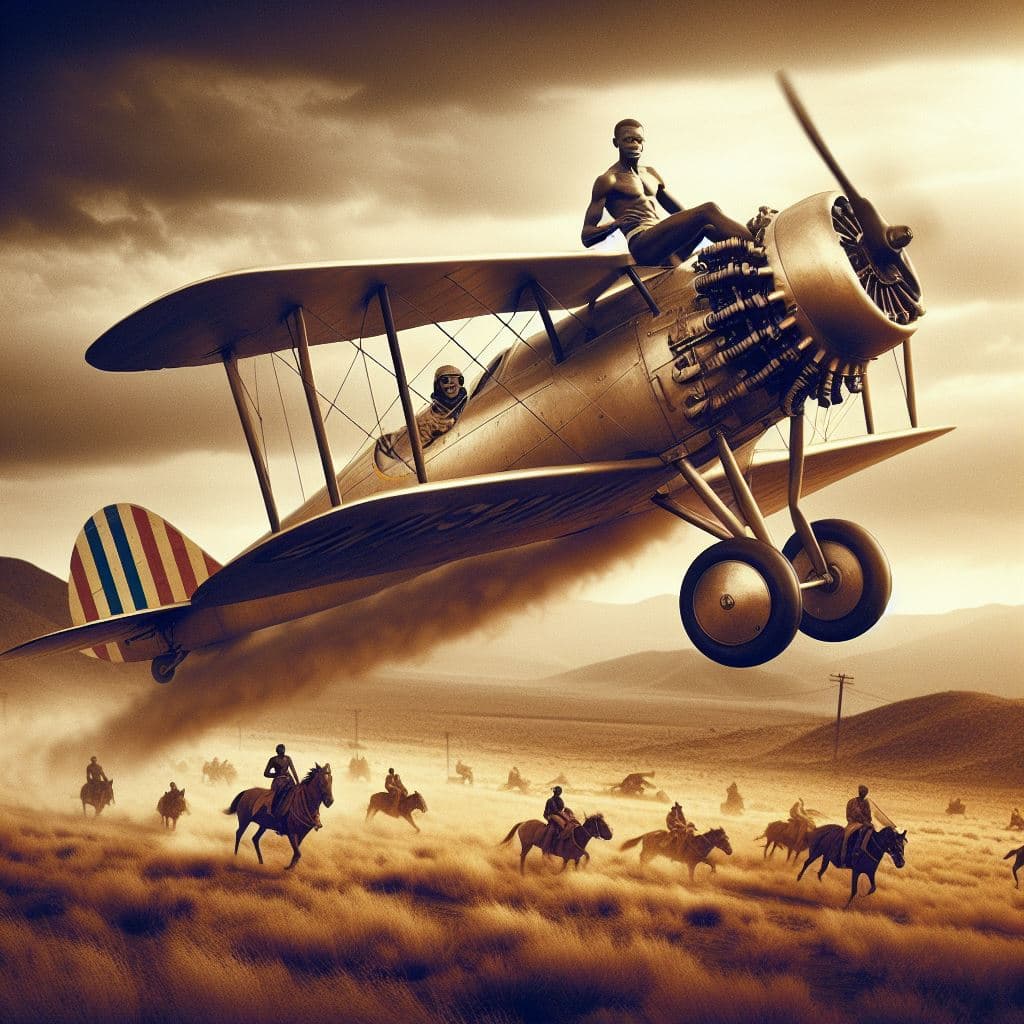 AI generated: Air Circus racer biplane in flight, style of Streamline Moderne, historical photography