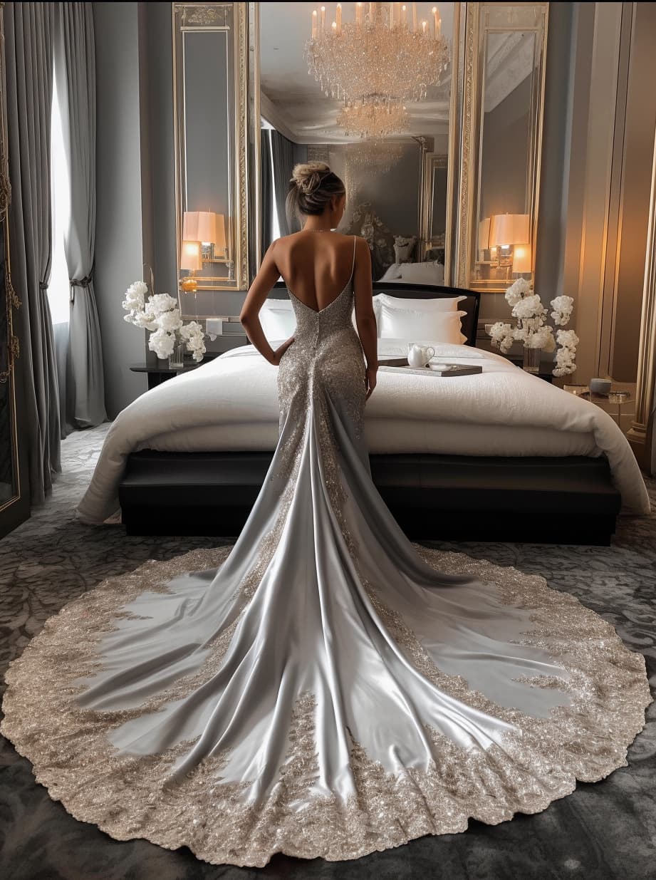 AI generated: a woman in a dress standing on a bed, movie still of james bond, long elegant tail behind, silver，iv...