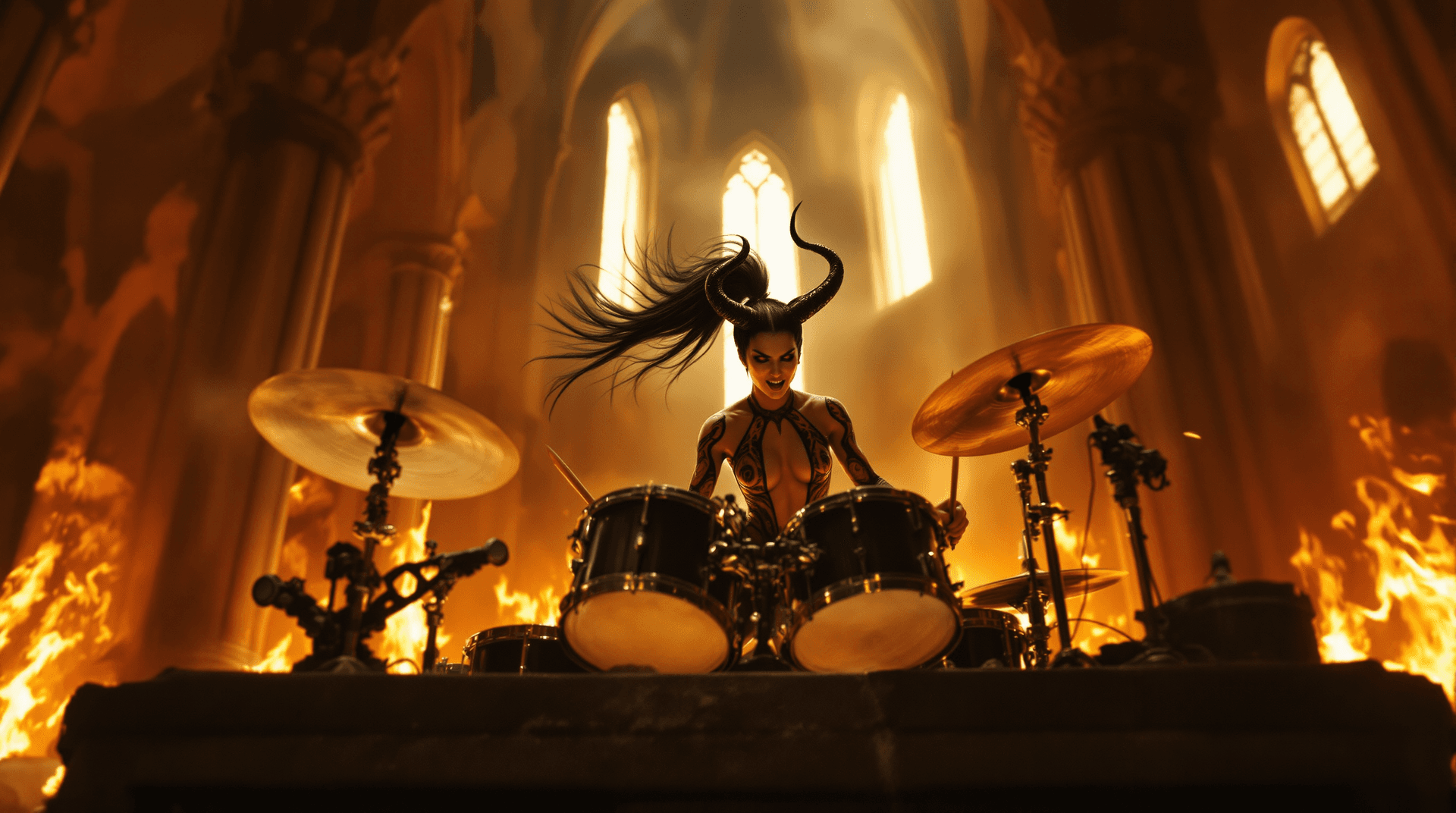 AI generated: A dynamic, explosive cinematic shot of Lamašatu, the demon drummer, unleashing a torrent of rhythmic...