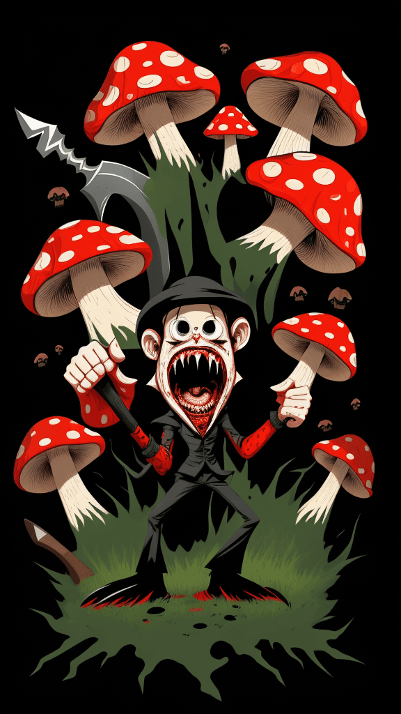 AI generated: vector horror art on the diverse background, a screaming crazy anthropomorphic evil mushroom with a ...