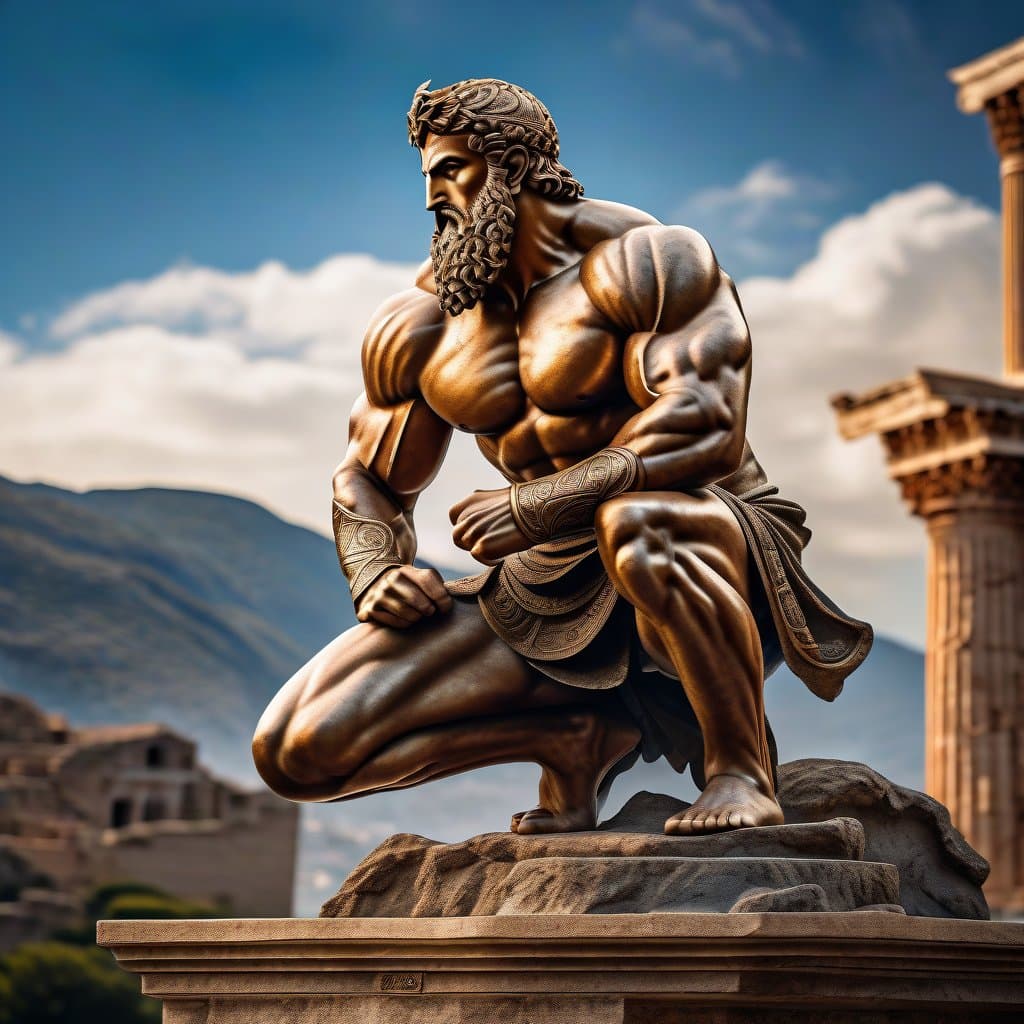 AI generated: A full body wide angle detailed Bronze Statue portrait of an ancient Greek Warrior Odysseus, high on...