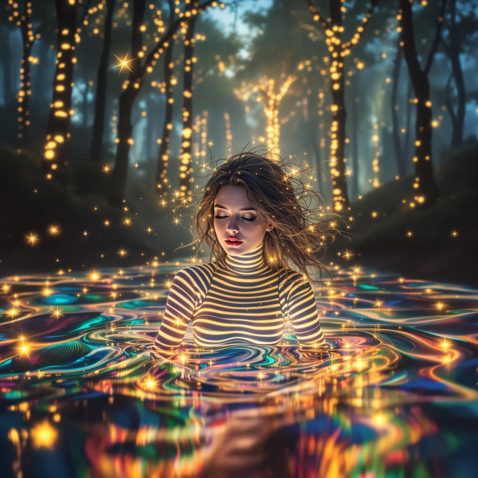 AI generated: Enhancing the surreal scene of the striped lady emerging from wavy striped liquid, let's add an elem...