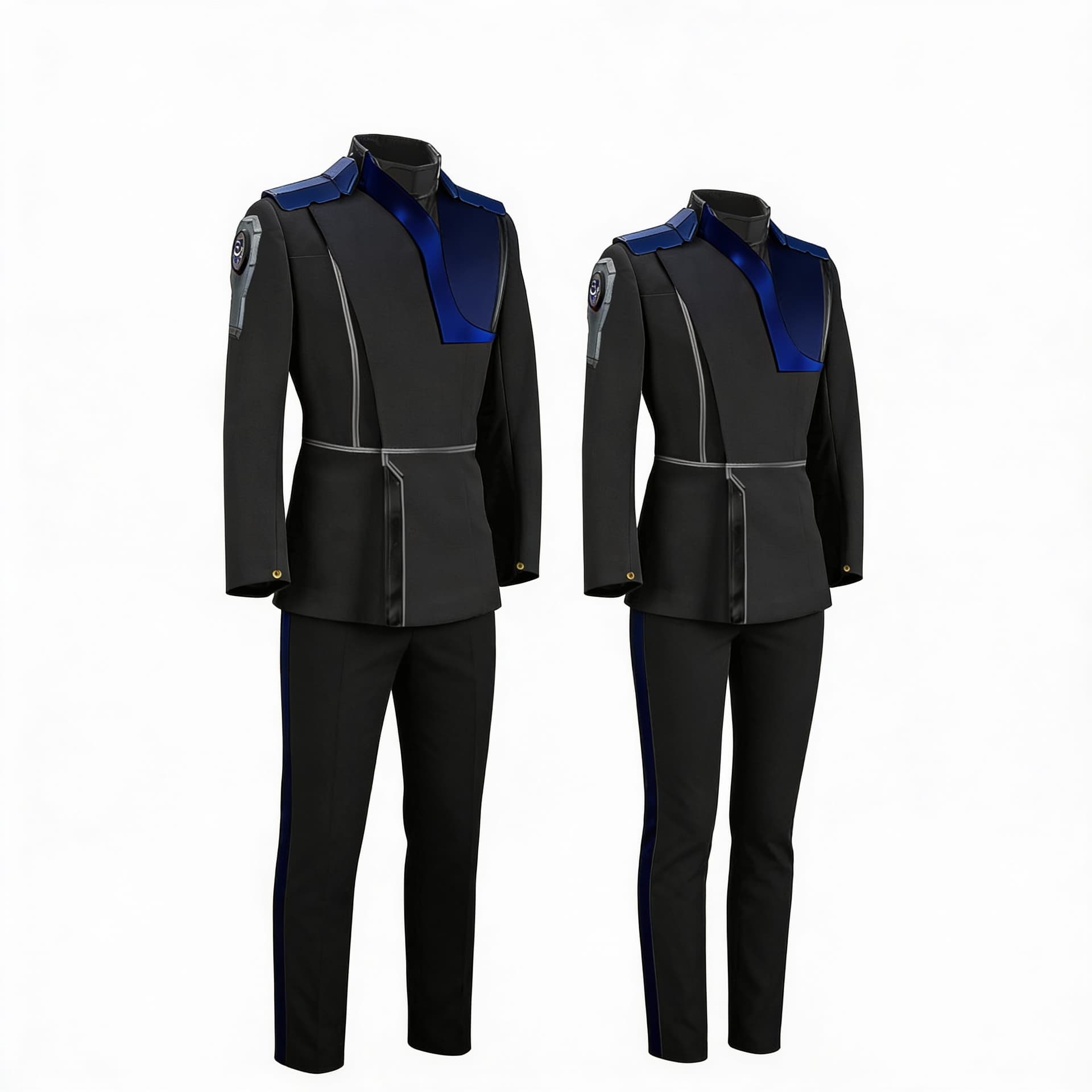 AI generated: Create a Sci-Fi Command uniform. Use the reference image and turn all silver to Dark Blue. The color...