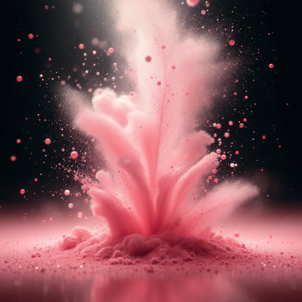 AI generated: Commercial photography, powerful explosion of light-rose dust, Chanel Rouge, white lighting, studio ...