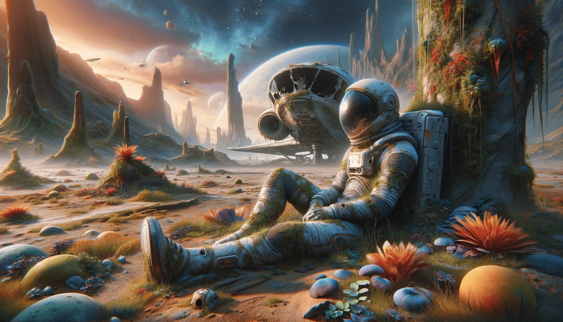 AI generated: A poignant sci-fi scene showing an astronaut who has been sitting on the ground of an alien planet f...