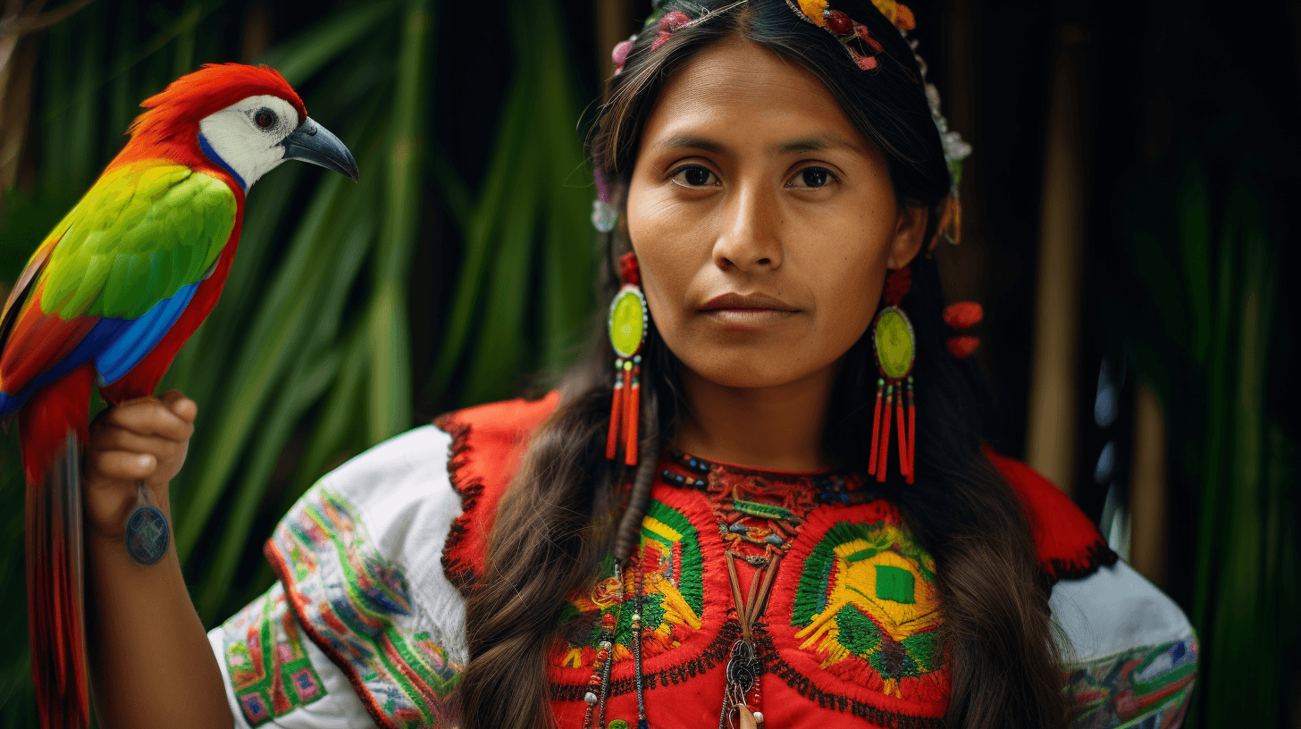 AI generated: Portrait Photography, captures the moment when a beautiful kuna indian female, wearing mola dress, h...
